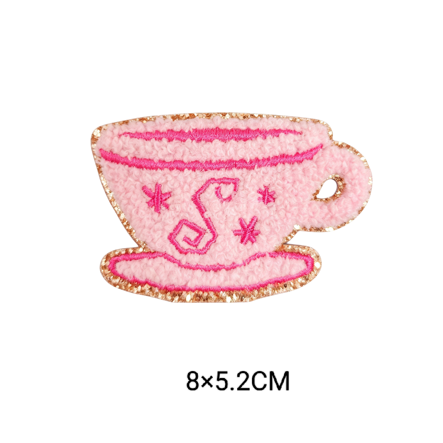 Cute Cartoon Pink Chenille Patches Glitter Border Iron On Patch Towel Embroidery Applique