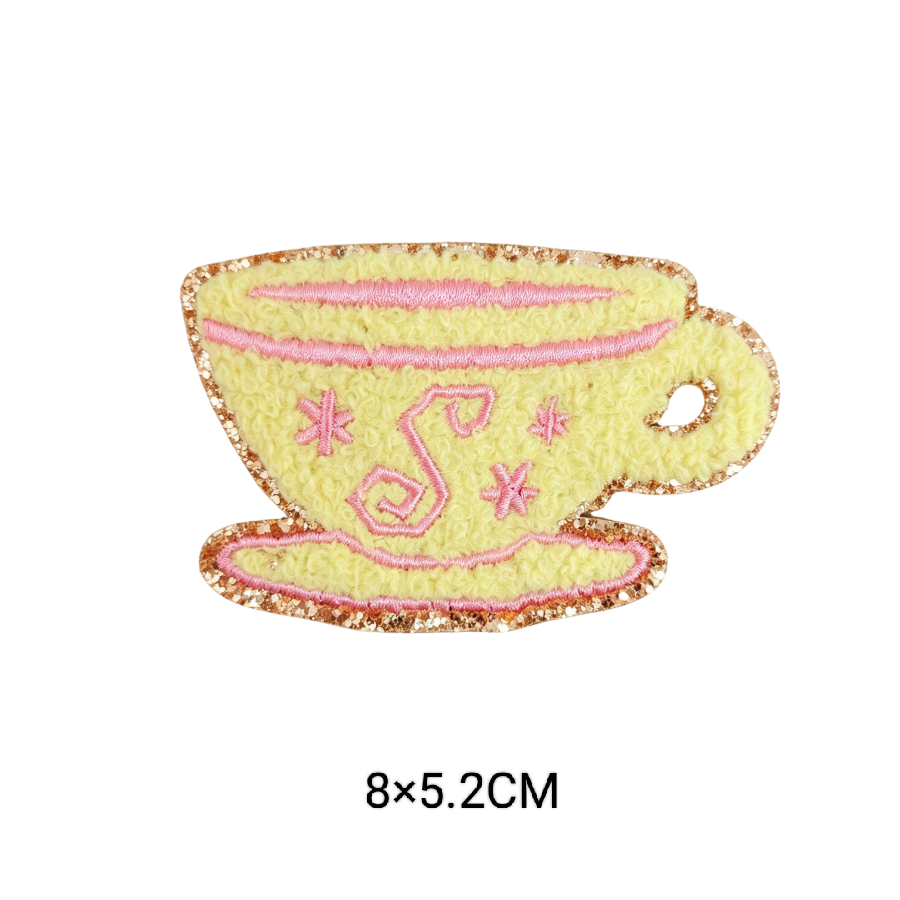Cute Cartoon Pink Chenille Patches Glitter Border Iron On Patch Towel Embroidery Applique