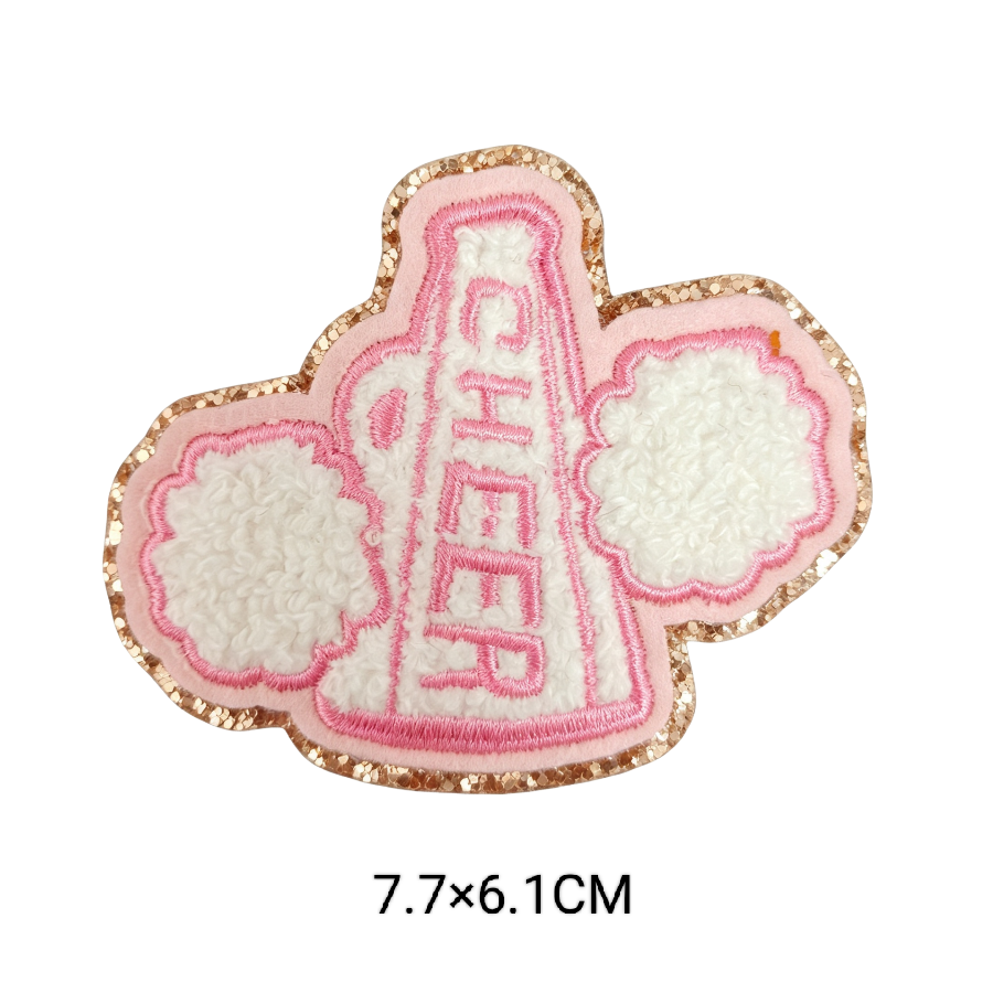 Cute Cartoon Pink Chenille Patches Glitter Border Iron On Patch Towel Embroidery Applique