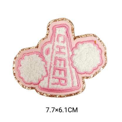 Cute Cartoon Pink Chenille Patches Glitter Border Iron On Patch Towel Embroidery Applique