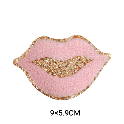 Cute Cartoon Pink Chenille Patches Glitter Border Iron On Patch Towel Embroidery Applique