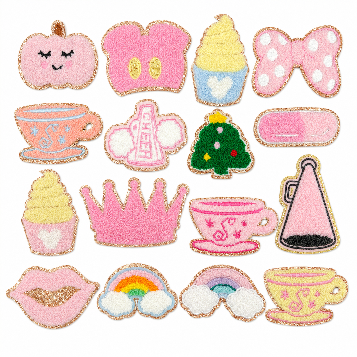 Cute Cartoon Pink Chenille Patches Glitter Border Iron On Patch Towel Embroidery Applique