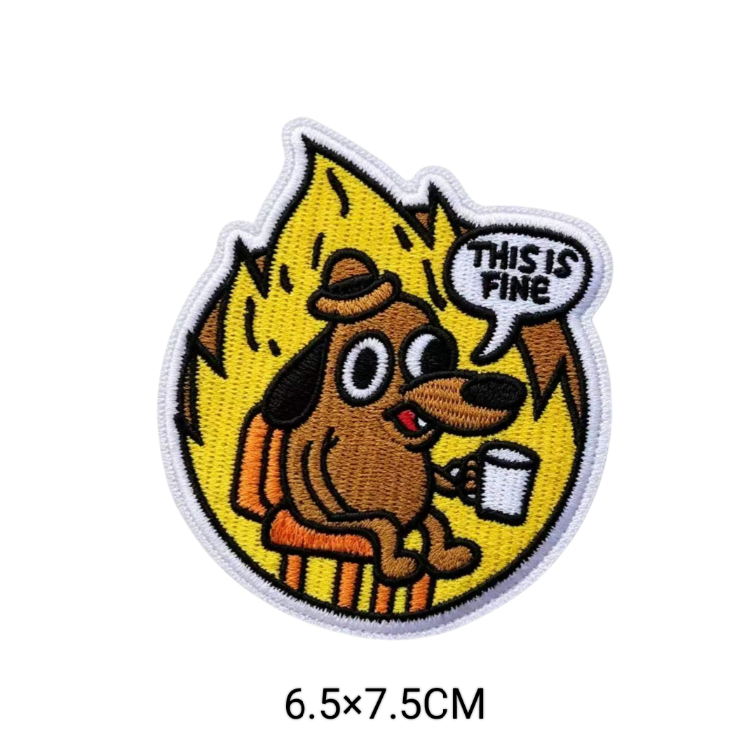 This Is Fine Dog Embroidery Patch Iron On Sew On Patch Cartoon Patches
